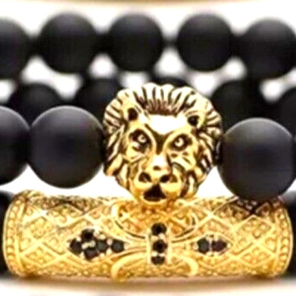 NWT 4 Pc Men's Black & Gold Natural Stone Pave Charm Bracelet Sets Cbc Zirconia - Picture 2 of 3